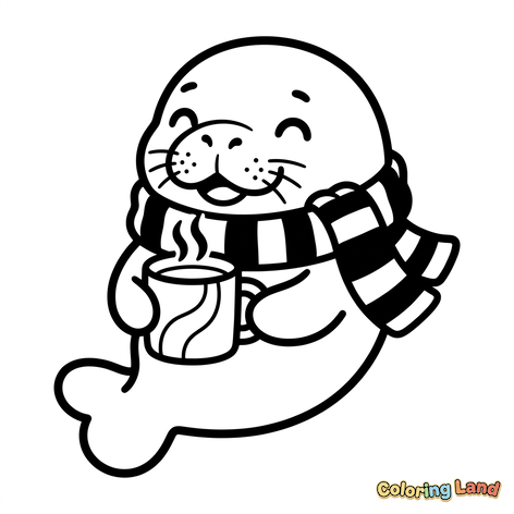 Gemütliche Winterrobbe mit heißer Schokolade