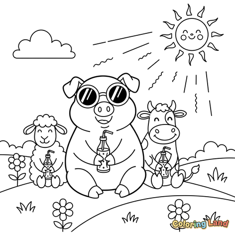 Animais de Fazenda Desfrutando de Bebidas de Verão