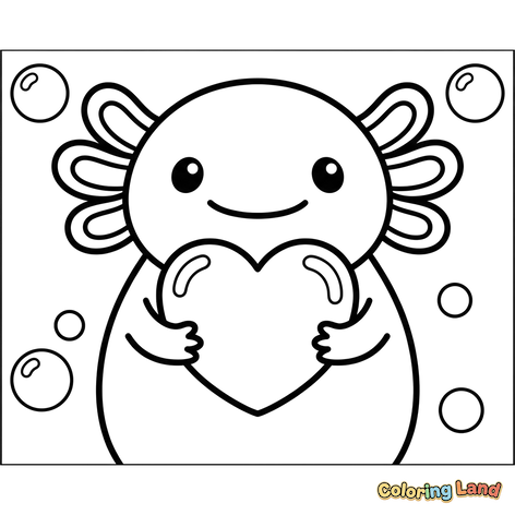 Söt Axolotl Håller Ett Hjärta med Bubblor