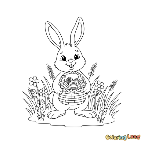 Fröhlicher Osterhase mit Korb, Eiern und Blumen