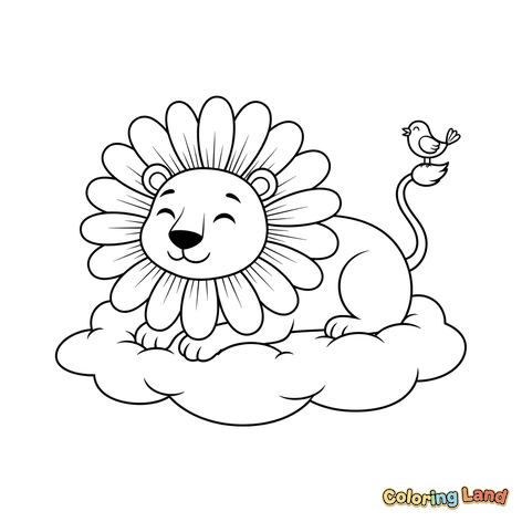 Lion Joyeux avec Crinière de Fleurs et Oiseau sur Nuage