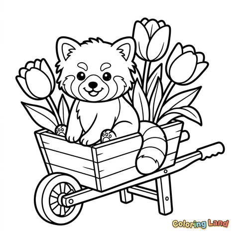 Mignon Panda Roux dans une Brouette à Fleurs