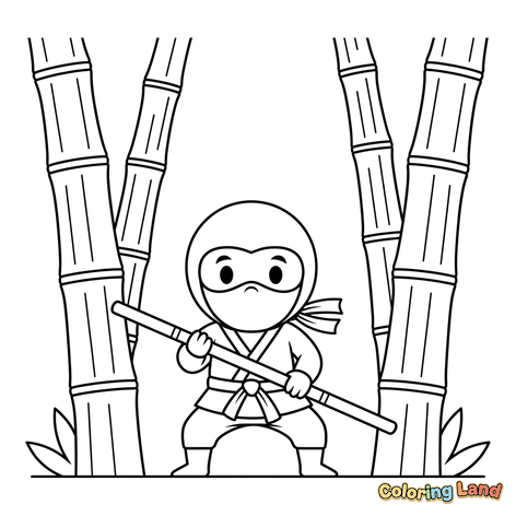 Ninja Carino con Bastone Bo e Alberi di Bambù