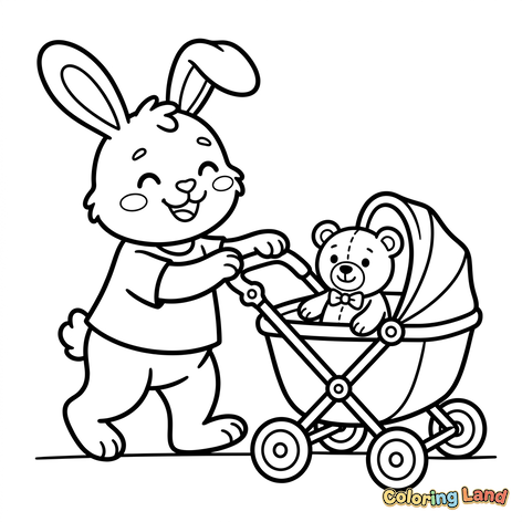 Lapin poussant un ours en peluche dans une poussette