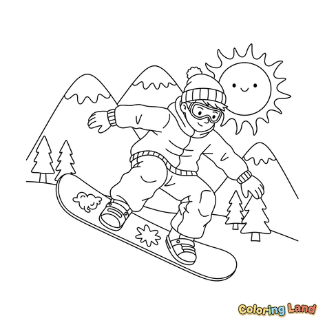 Glad snowboarder på fjellet med en smilende sol