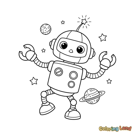 Robot Felice nello Spazio con Pianeti e Stelle