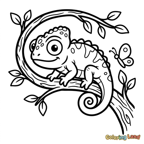 Cute Chameleon and Butterfly on a Branch