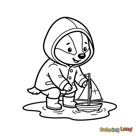 Cute Animal in Raincoat with Toy Boat