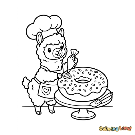 Lama Chef Décorant un Donut Géant