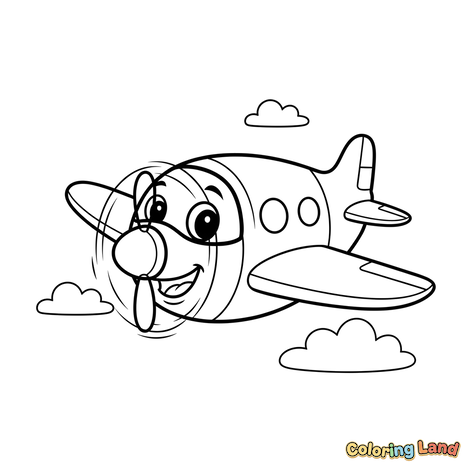 Glückliches Cartoon-Propellerflugzeug in den Wolken