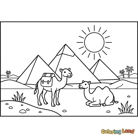 Camels in the Desert with Pyramids