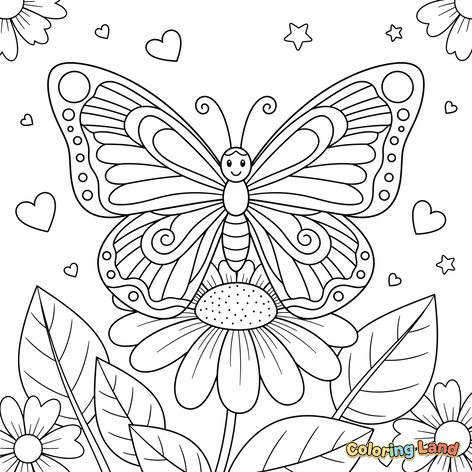 Szczęśliwy Motyl na Kwiecie z Sercami i Gwiazdkami