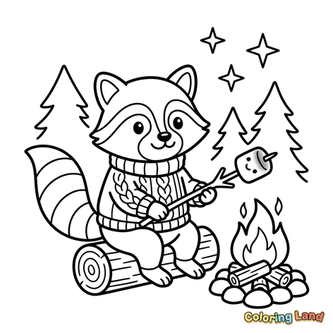 Gemütlicher Waschbär am Lagerfeuer