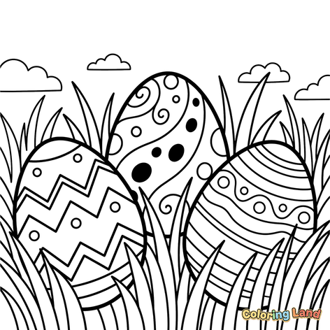 Telur Paskah Berhias di Rumput dengan Awan