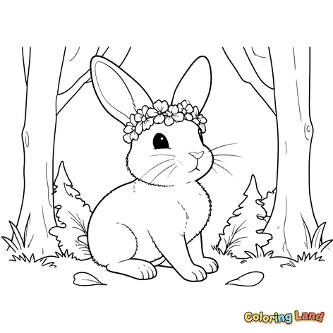 Lapin avec une couronne de fleurs dans la forêt