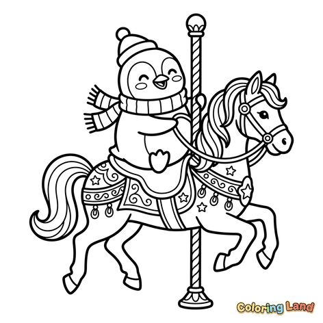 Penguin Riding a Carousel Horse