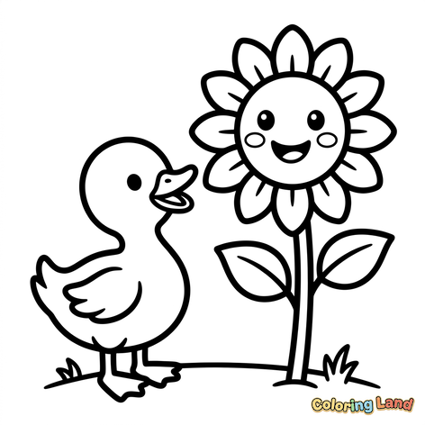 Cute Duckling and Happy Sunflower