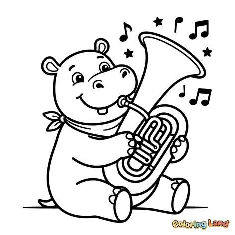 Hippopotame Musicien Jouant du Tuba