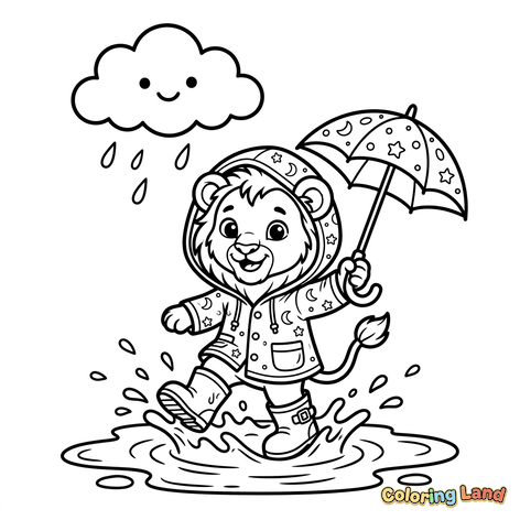 Süßes Löwenbaby im Regenmantel springt in Pfützen
