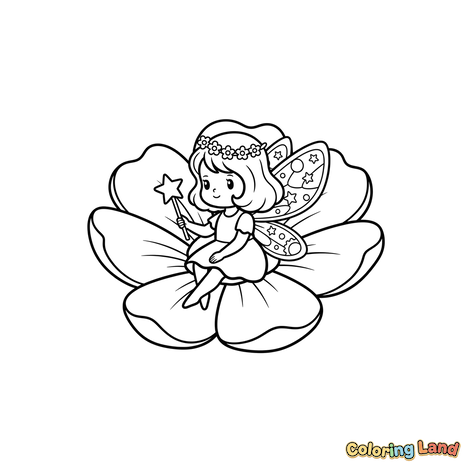 Hada Linda Sentada en una Flor con Varita de Estrella