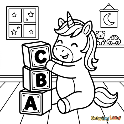 Bebê Unicórnio Brincando com Blocos do Alfabeto