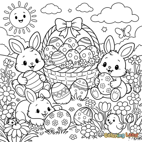 Conejos de Pascua Felices con Cesta de Huevos