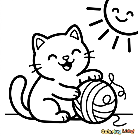Happy Kitten with Yarn and Sun