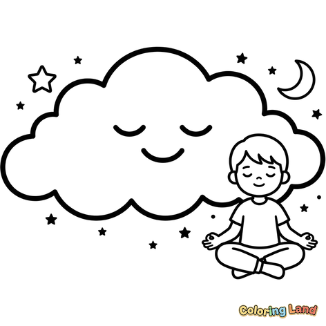 Junge meditiert mit schlafender Wolke und Sternen