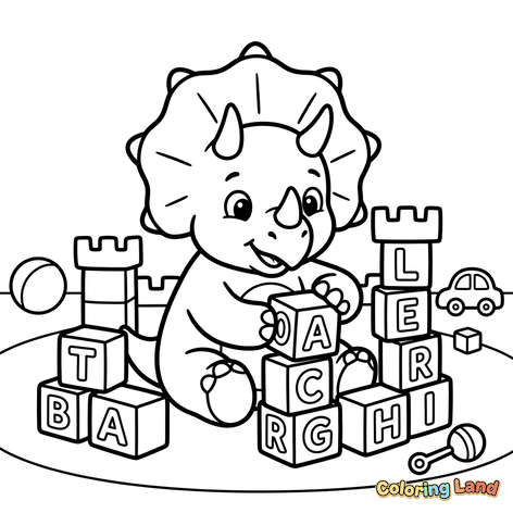 Baby Triceratops Playing with Blocks