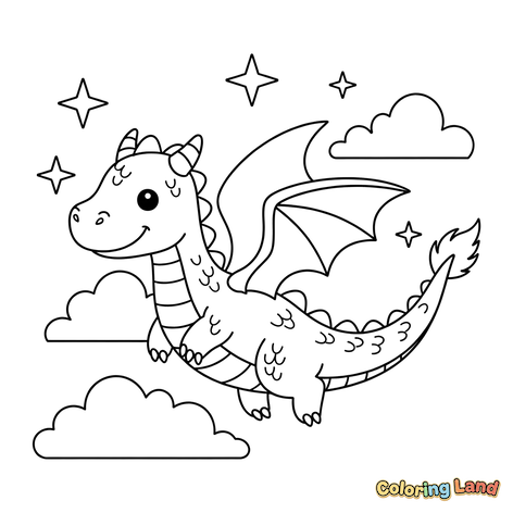Smiling Dragon Flying Among Clouds and Stars