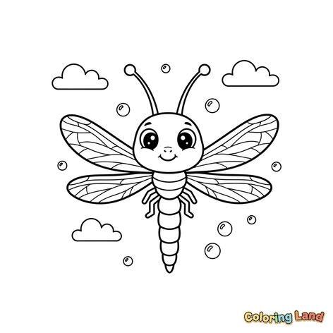 Libelulă Kawaii Fericită cu Nori și Bule