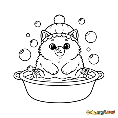 Schattig pluizig dier in een bubbelbad met pomponmuts