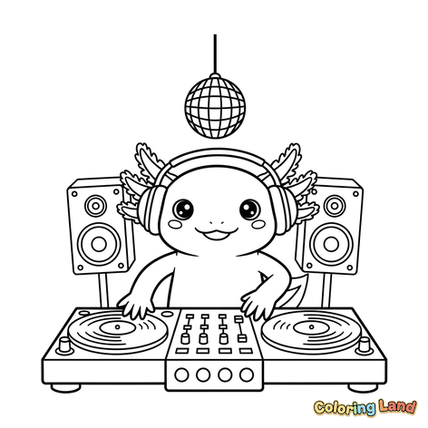 Axolotl-DJ med Discokula och Skivspelare