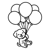 Welpe schwebt mit Luftballons
