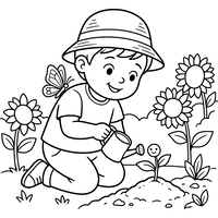 Happy Boy Watering Plants in the Garden