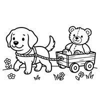 Hvalp der trækker en bamse i en vogn