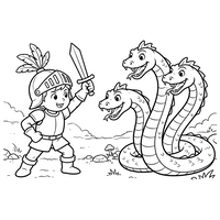 Modig liten riddare mot trehövdad hydra