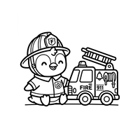 Cute Penguin Firefighter and Fire Truck