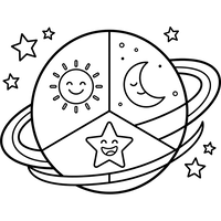 Glücklicher Planet mit Sonne, Mond und Sternen