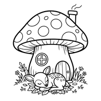 Faon endormi près de la maison champignon