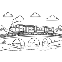 Steam Train Crossing a River Bridge