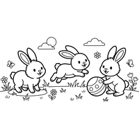 Três coelhinhos brincando em um campo na primavera