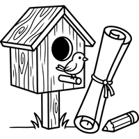 Casita de Pájaros con Pájaro, Pergamino y Lápiz