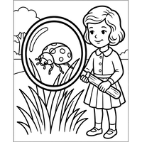 Girl Observing a Ladybug with a Magnifying Glass