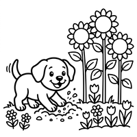 Speelse puppy in de zonnebloementuin