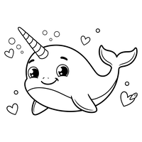 Cute Narwhal with Hearts and Bubbles