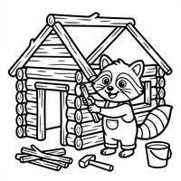 Vaskebjørn som bygger en tømmerhytte