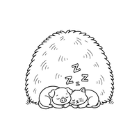 Cochon et chat endormis sous une botte de foin