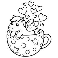 Lindo Poni Alado en una Taza de Té con Corazones