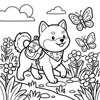 Eventyrlysten Shiba Inu-valp på engen